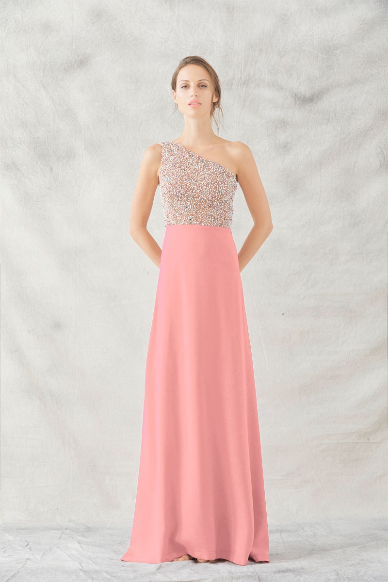 vestido  largo joya asimetrico con cuerpo de pedreria con falda larga rosa de pparentia para invitadas boda fiesta 