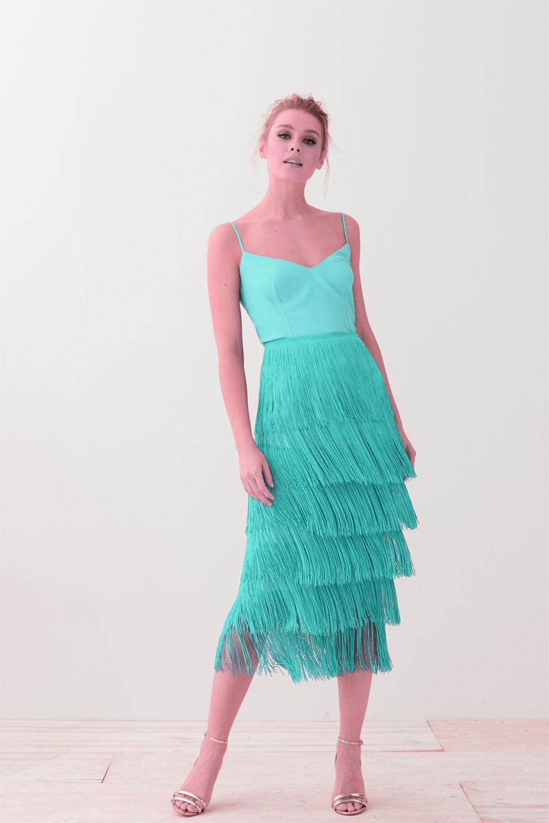 falda de flecos aguamarina para invitadas boda fiesta coctel comprar online