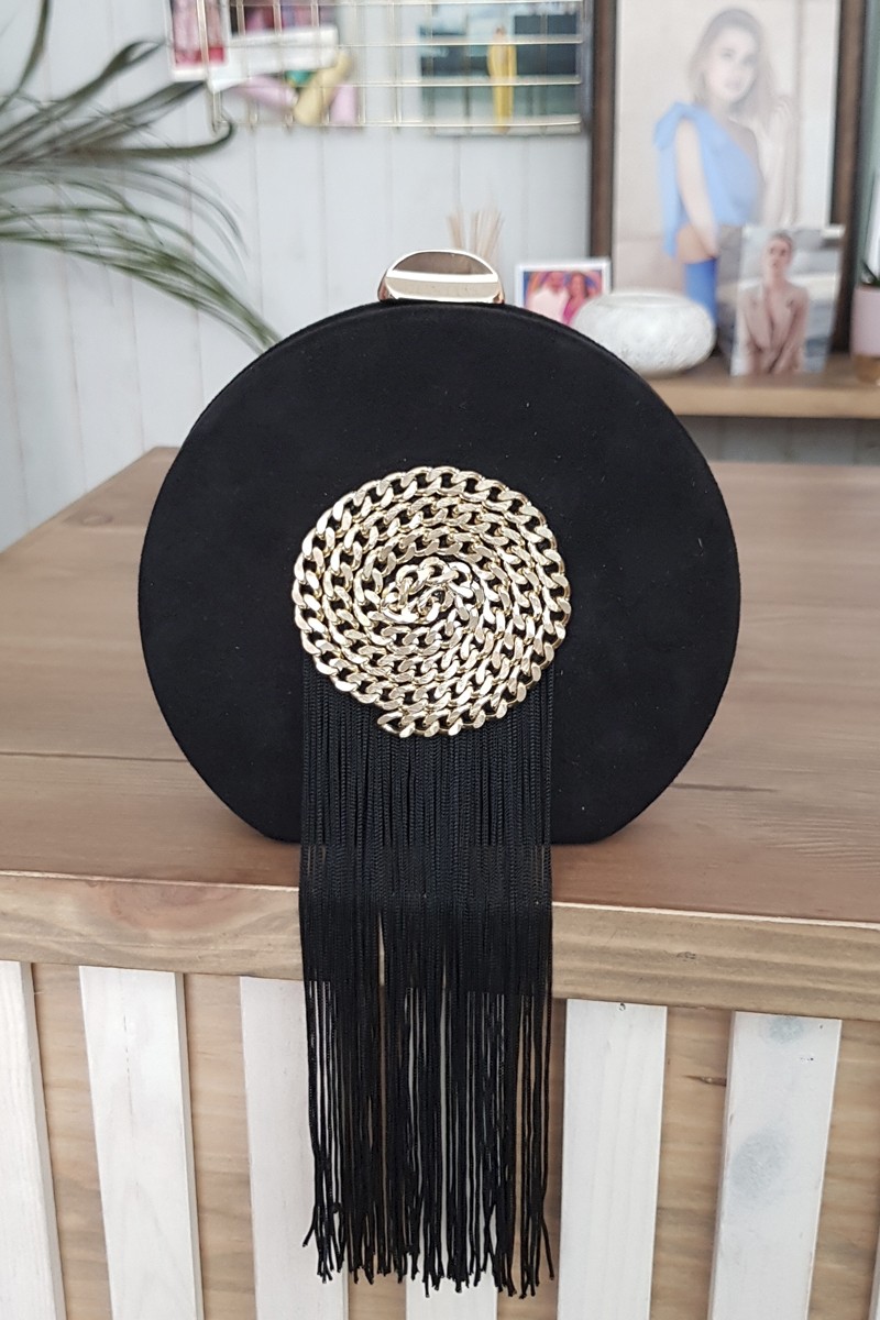 bolso de fiesta ante negro cadena dorada flecos negros para invitada boda bautizo comunion  apparentia