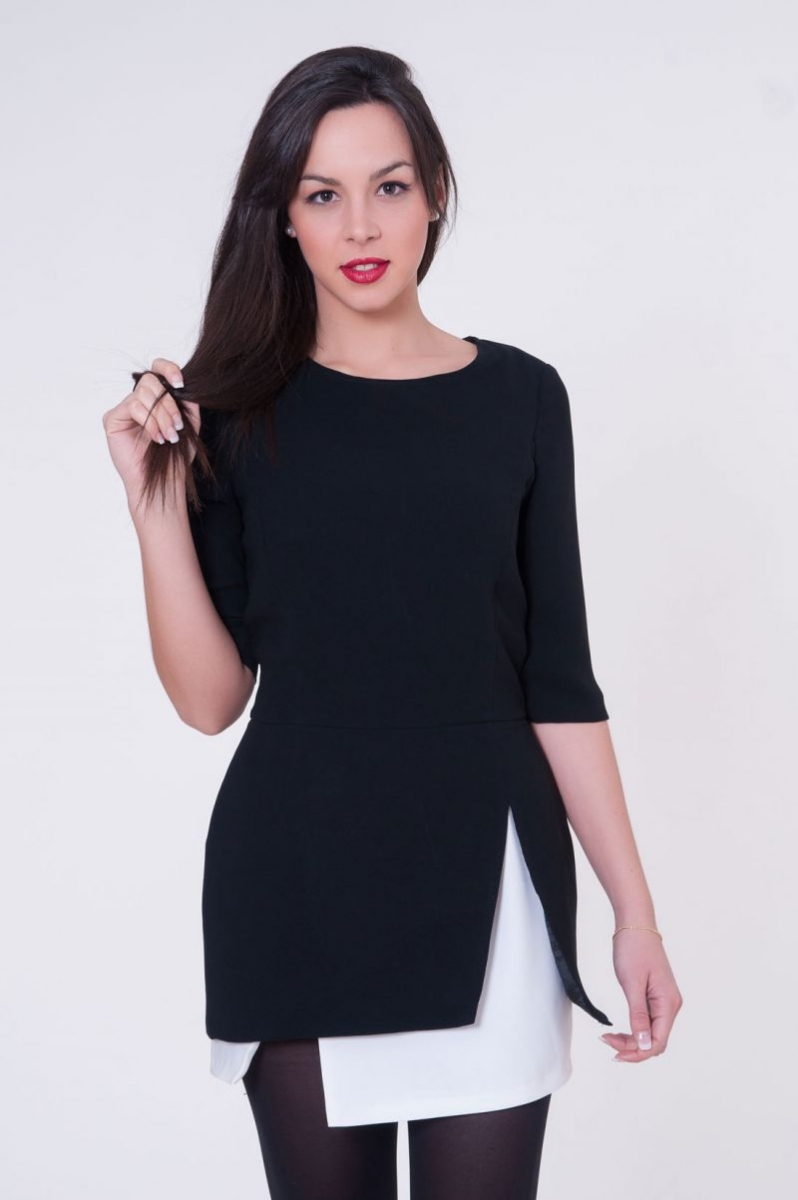 vestido corto fiesta negro con falda de corte asimetrico blanco on line