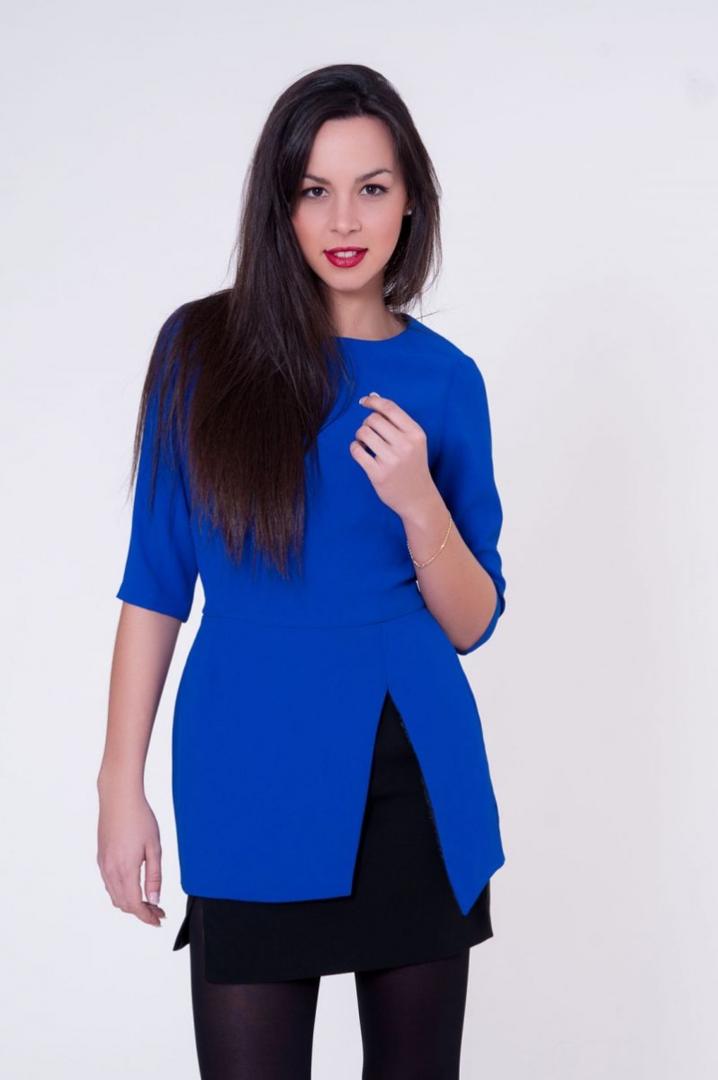 vestido corto fiesta azul klein con falda de corte asimetrico negro on line