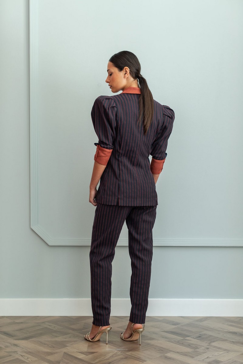 comprar online traje de chaqueta y pantalon azul con rayas marrones para invitadas party weddings coctel nochevieja apparentia