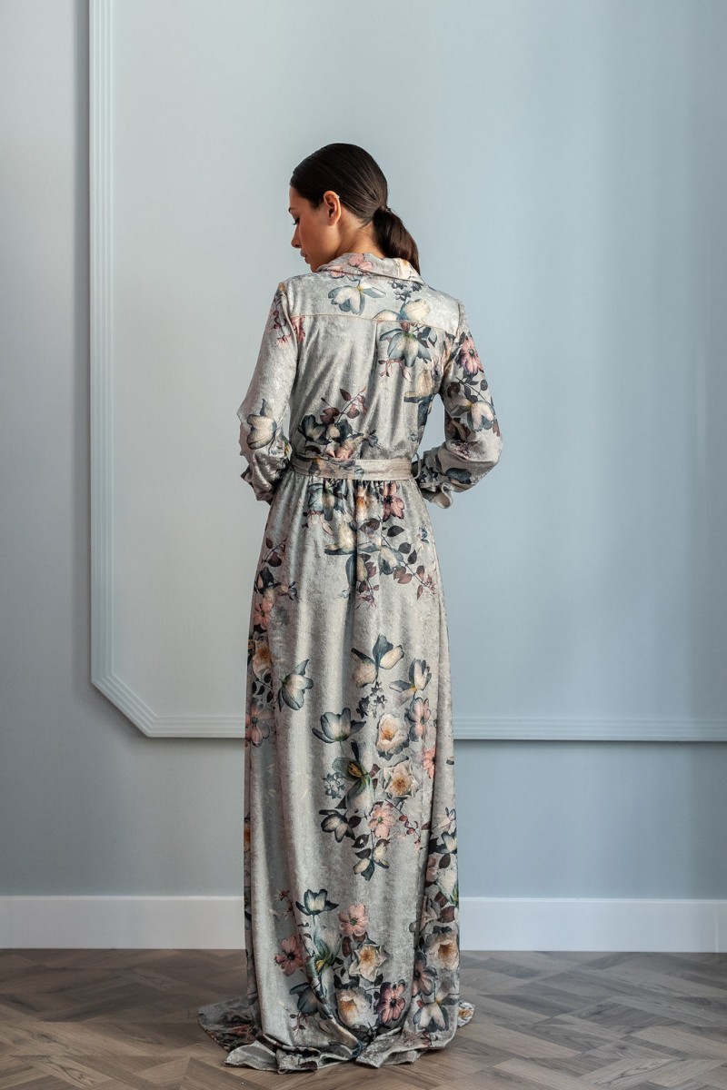 vestido largo camisero estampado de terciopelo flores de apparentia para invitados eventos nochevieja cenas cocteles bodas 