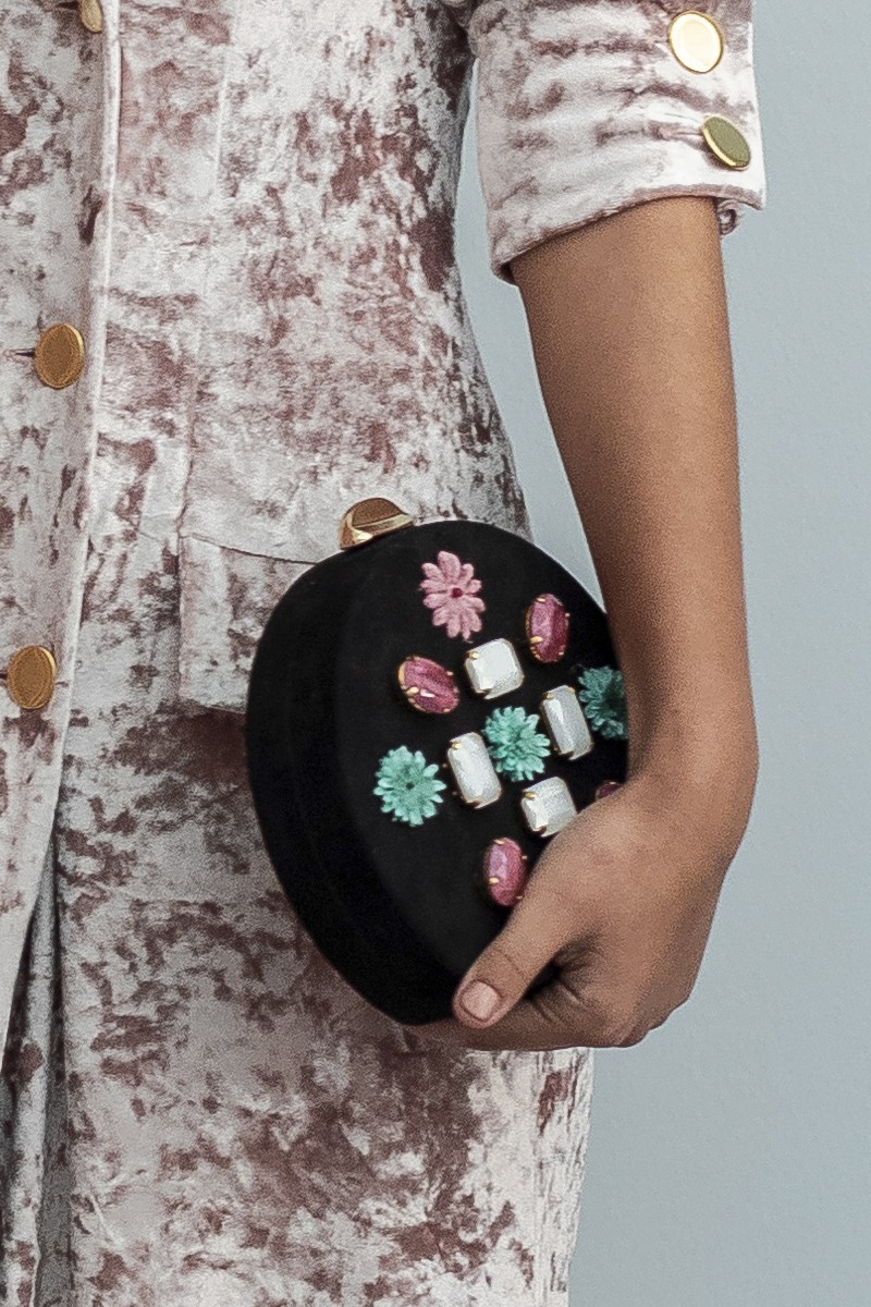 Ante De Con Piedras Flores Negro Blancas Terciopelo Bolso Y 5aqBfw1