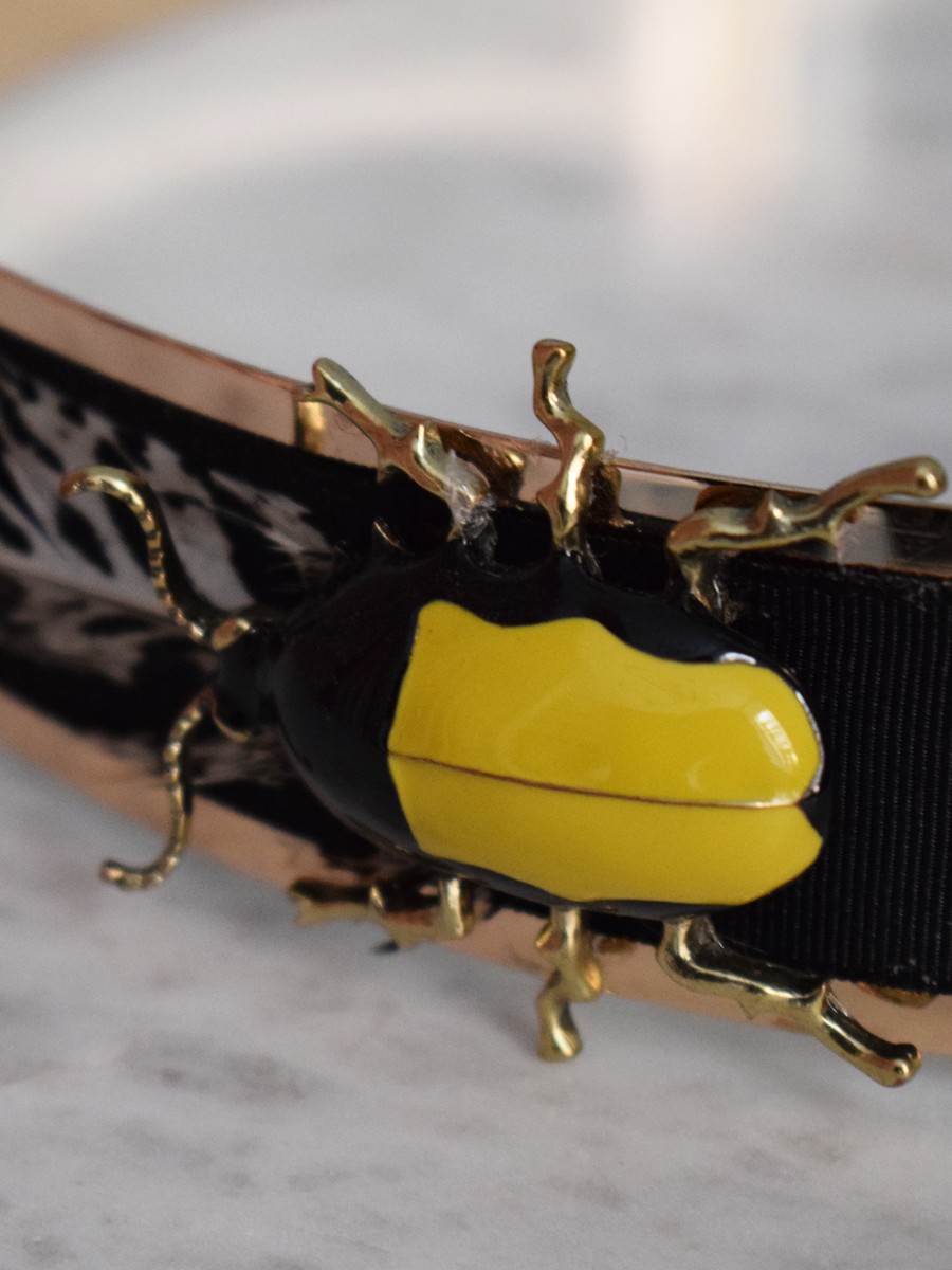 complementos para invitadas cinturon dorado con tira de terciopelo negro insecto y pluma fiestas eventos ocasiones especiales apparentia