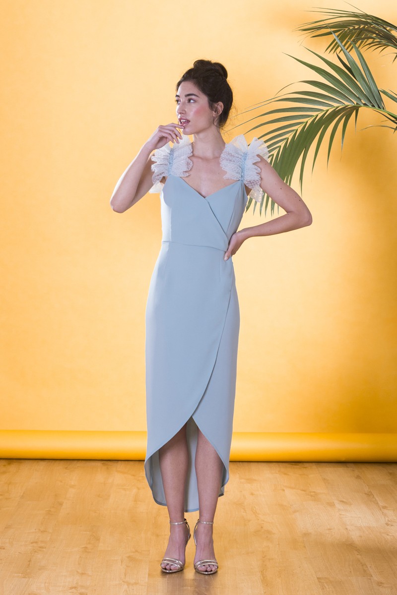 vestido de fiesta largo midi cruzado con volantes de plumetti en tirantes para invitadas a boda, bautizo, comunion, graduacion, shoponline, apparentia