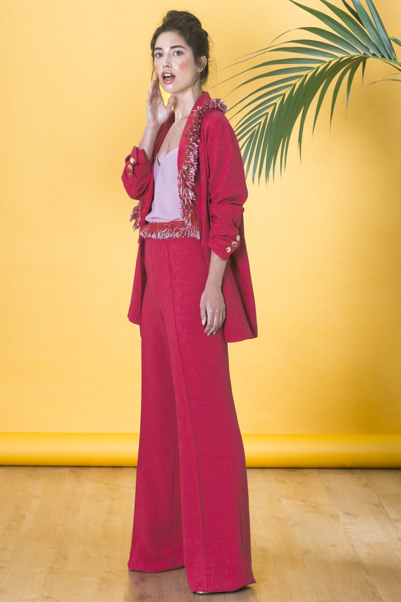 comprar online pantalon de traje rafia fresa con flecos para invitadas a boda, graduacion, comunion ropa de fiesta apparentia