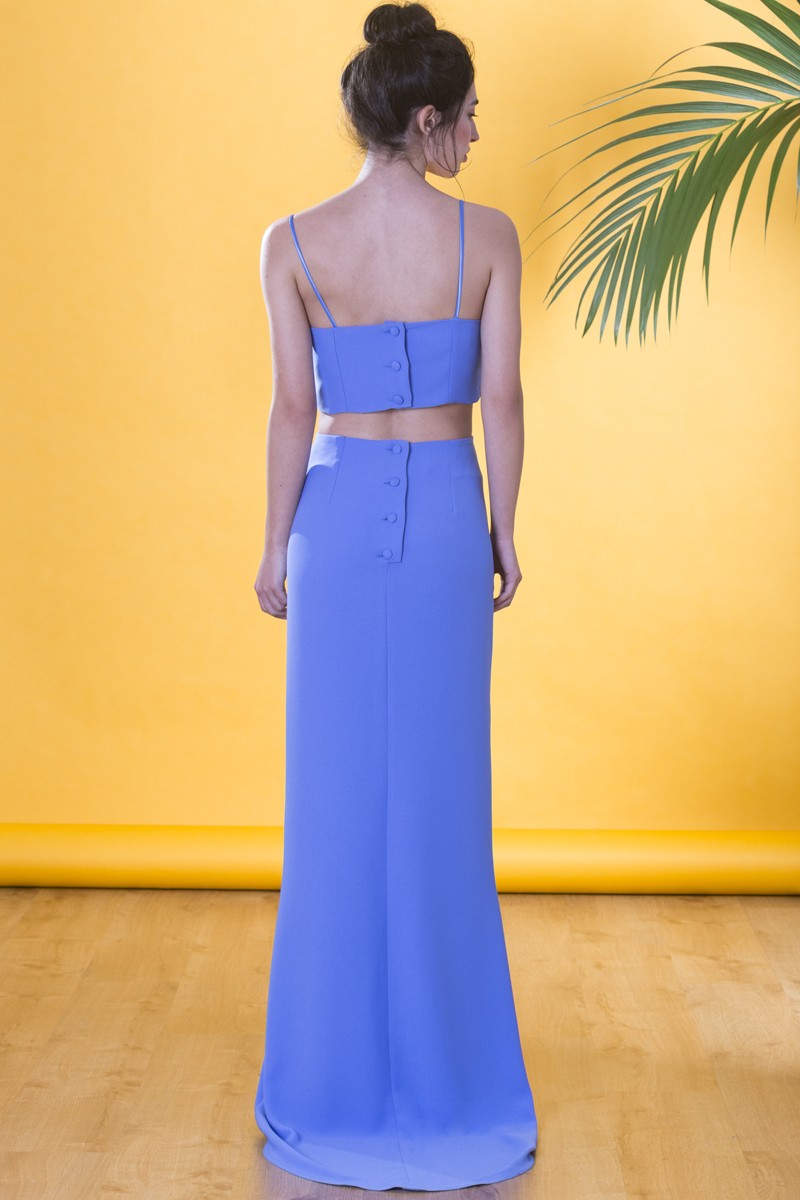 comprar online Vestido largo asimetrico de fiesta azul con cola y cuerpo lencero de lentejuelas espalda con botones para invitadas a boda de noche, gala, evento