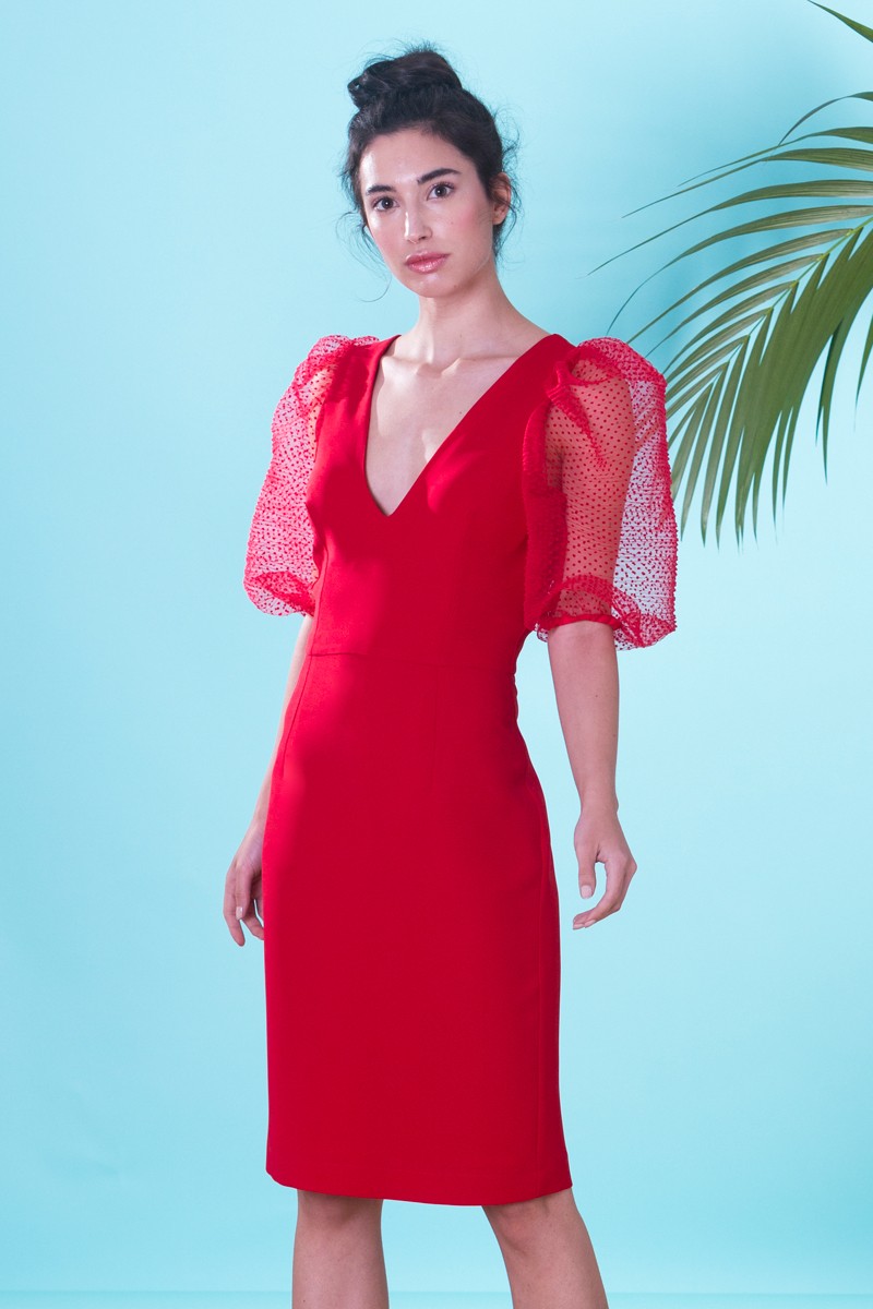 Vestido Corto De Fiesta Rojo Con Escote Pico Y Manga Farol De