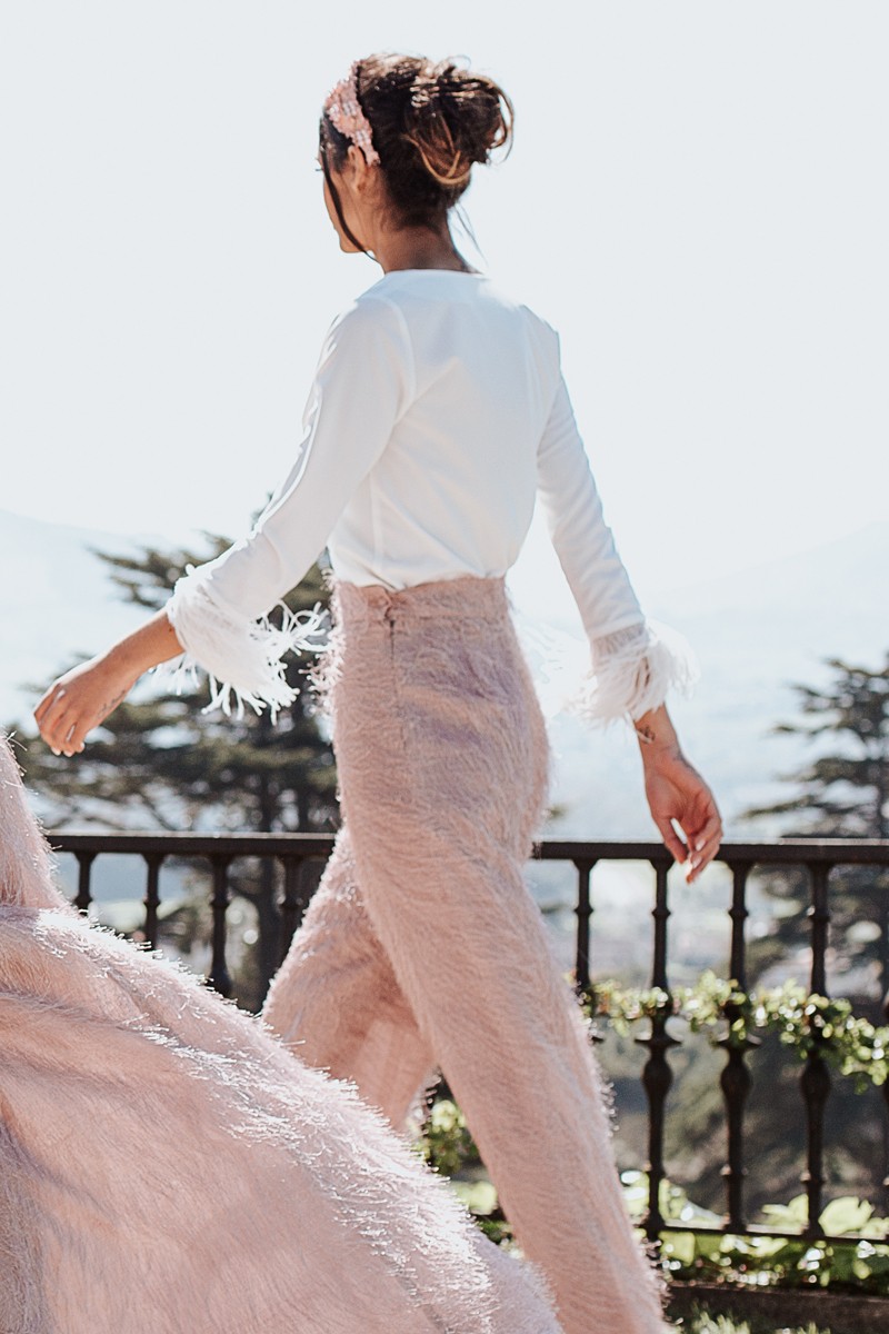 comprar online palazzo rosa palo en tejido de flecos con lurex para invitada a boda, bautizo, comunion, graduacion de apparentia