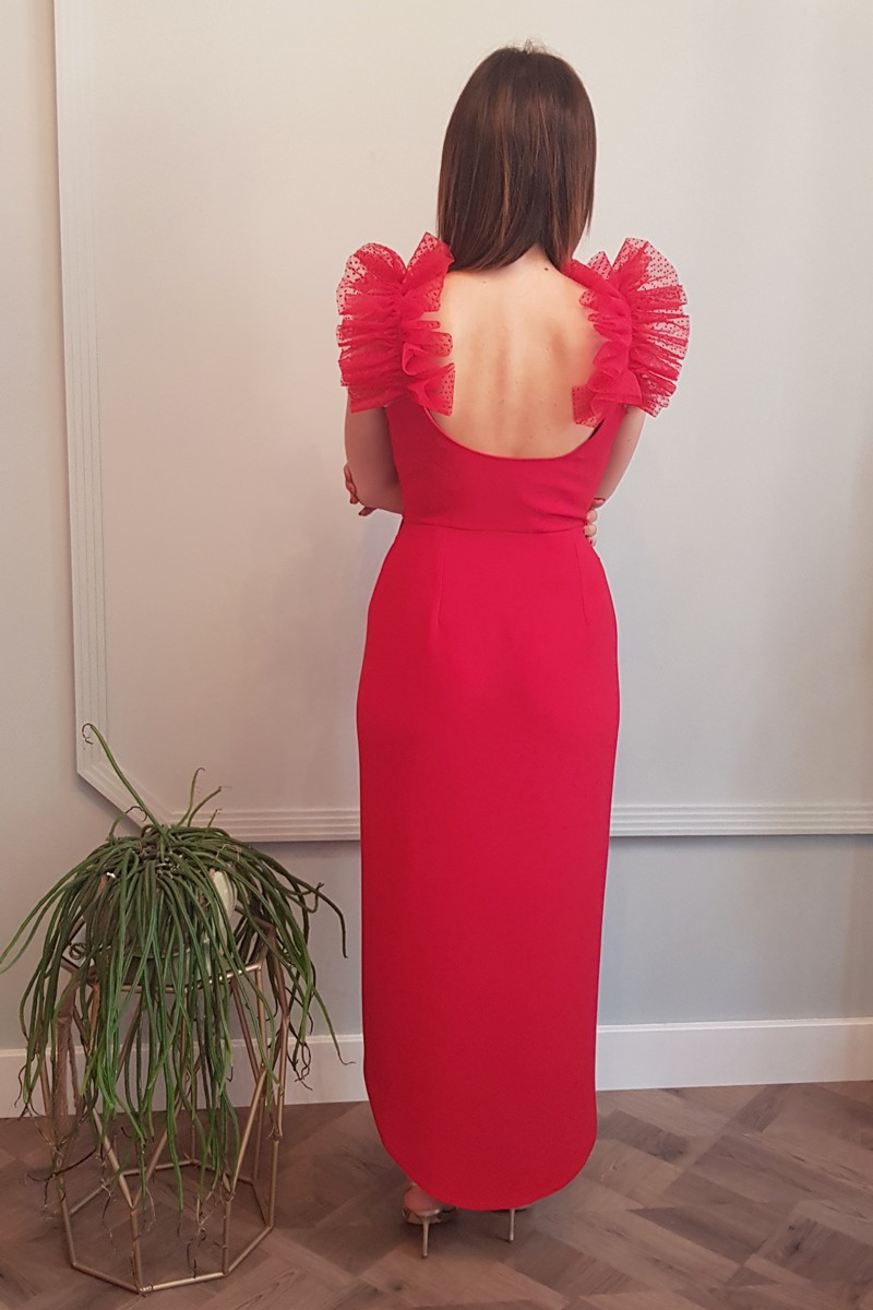 compra online vestido de fiesta rojo midi cruzado con volantes de plumetti en tirantes para invitadas a boda, bautizo, comunion, shoponline, apparentia