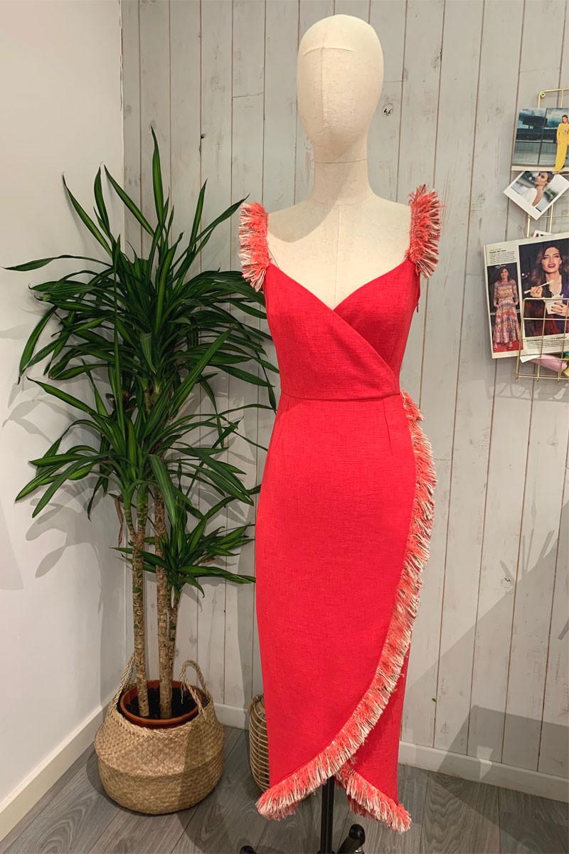 vestido kara rojo fresa con flecos de apparentia shop para invitadas boda fiesta online