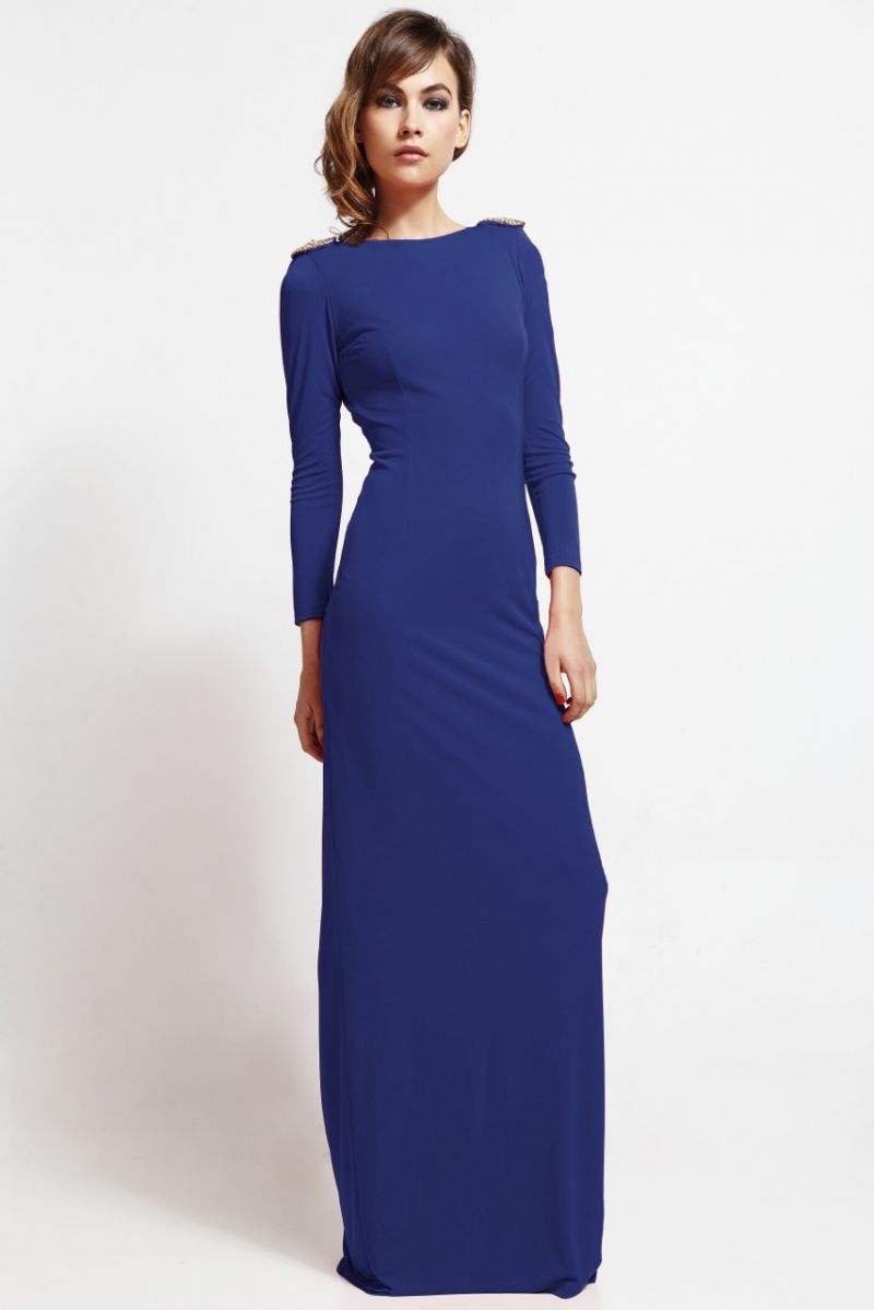 vestido largo de fiesta azul con cadena para boda y nochevieja