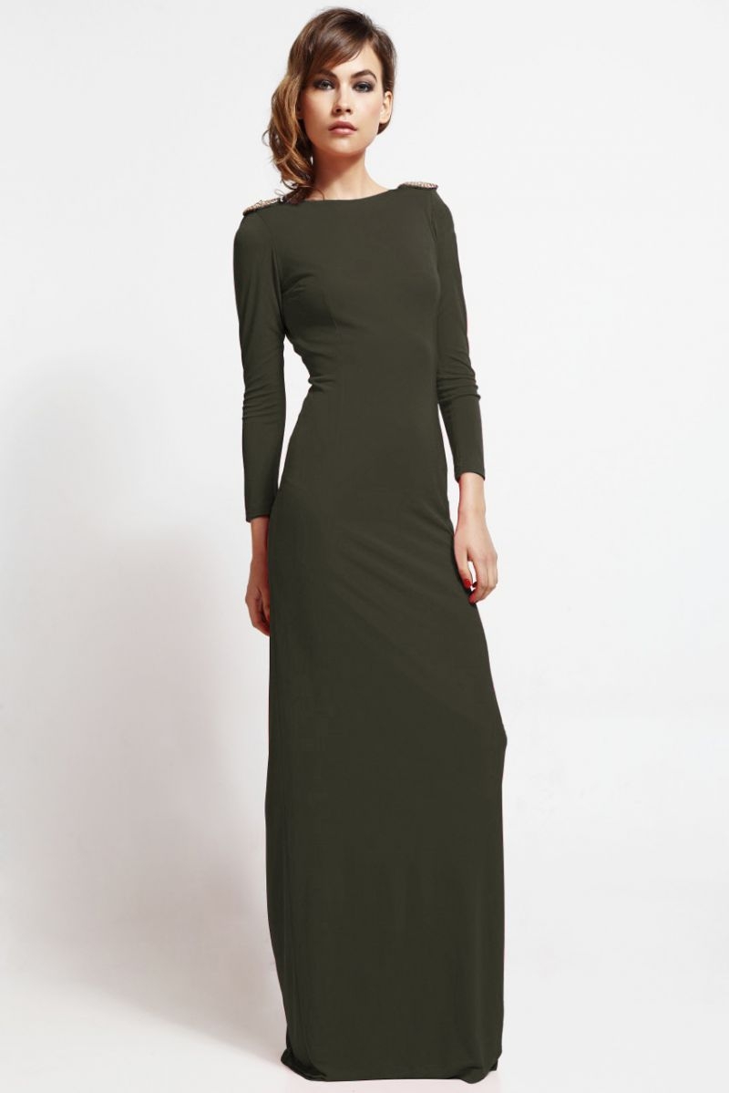 vestido largo de fiesta verde kaki con cadena para boda y nochevieja