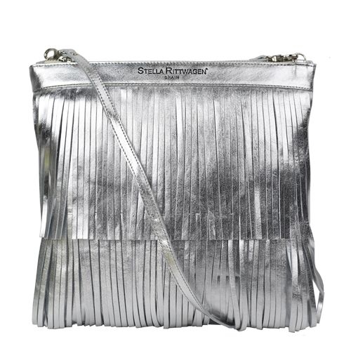 bolso de colgar en piel con flecos color plata metalizado. Bolsos
