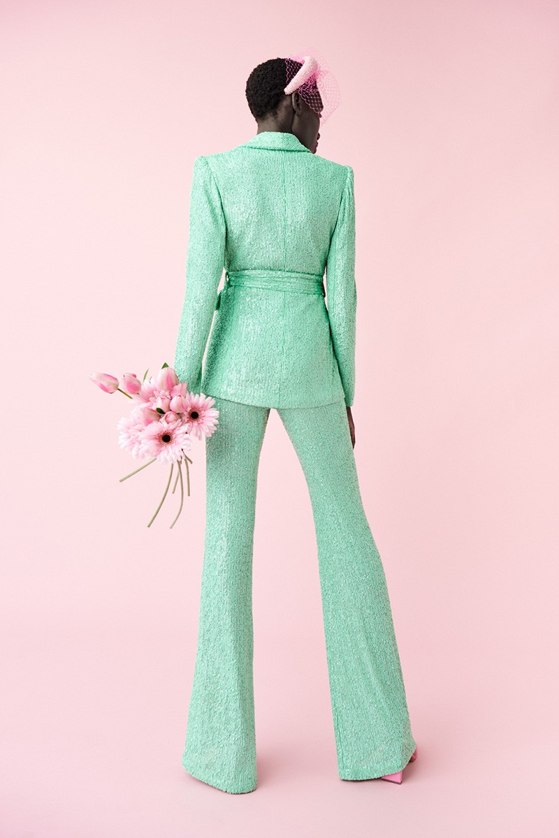 blazer de fiesta con cuello esmoquin de lentejuelas verde aguamarina y cinturon para invitadas boda comunion bautizo 2020