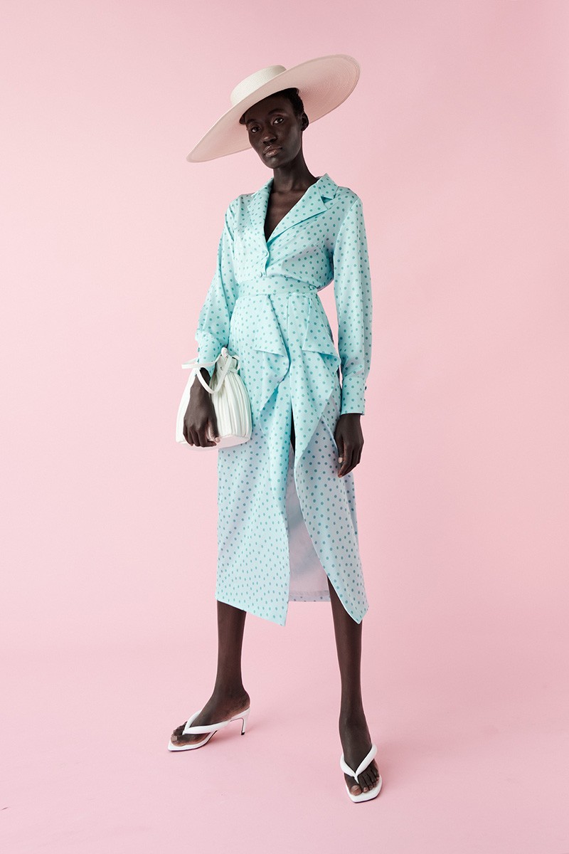 comprar online conjunto de blusa con cuello esmoquin y falda de volantes de lunares aguamarina para invitadas boda comunion bautizo o fiesta de verano