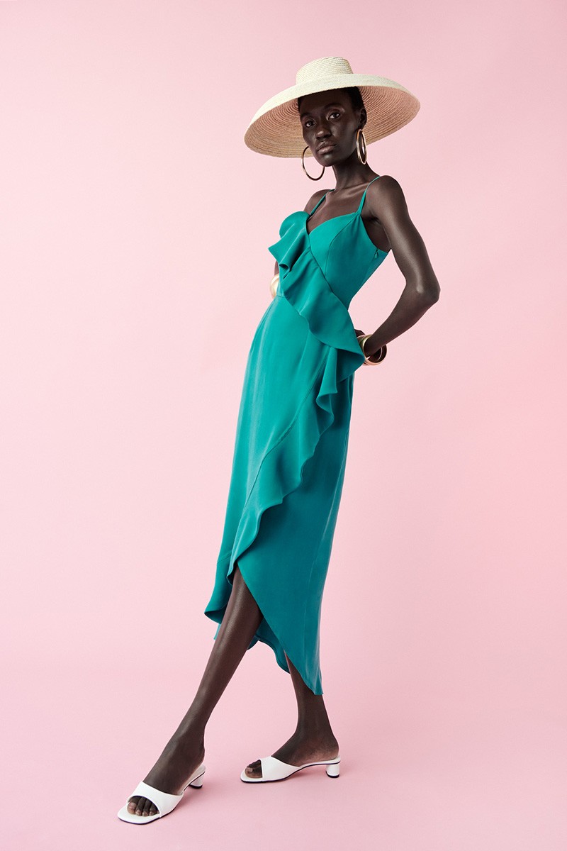comprar online vestido midi de fiesta cuerpo lencero con volantes color verde agua para invitadas boda comunion bautizo