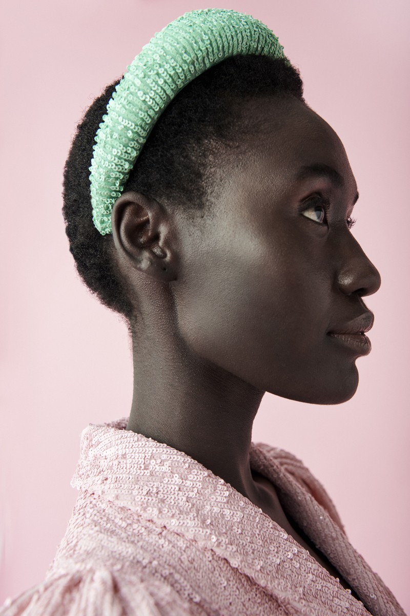 diadema joya gruesa forrada en lentejuelas verde aguamarina para invitada a boda de noche, fiesta, evento, coctel