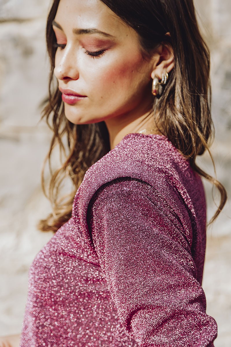 comprar-online-conjunto-punto-lurex-rosa-frambuesa-brillo-chandal-jersey-com-hombro-marcado-y-pantalon-apparentia-casual