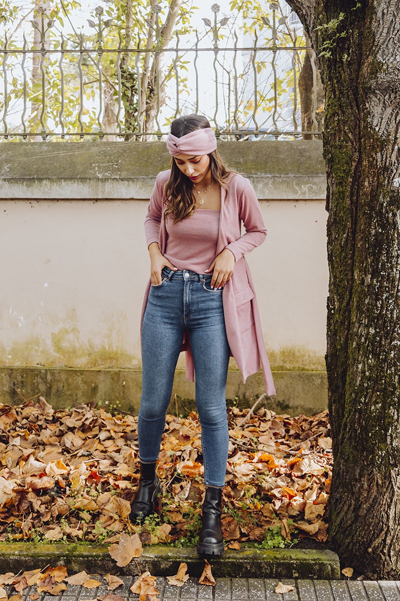 comprar online chaqueta larga de punto rosa con top de tirantes y turbante a juego coleccion casual apparentia streetstyle