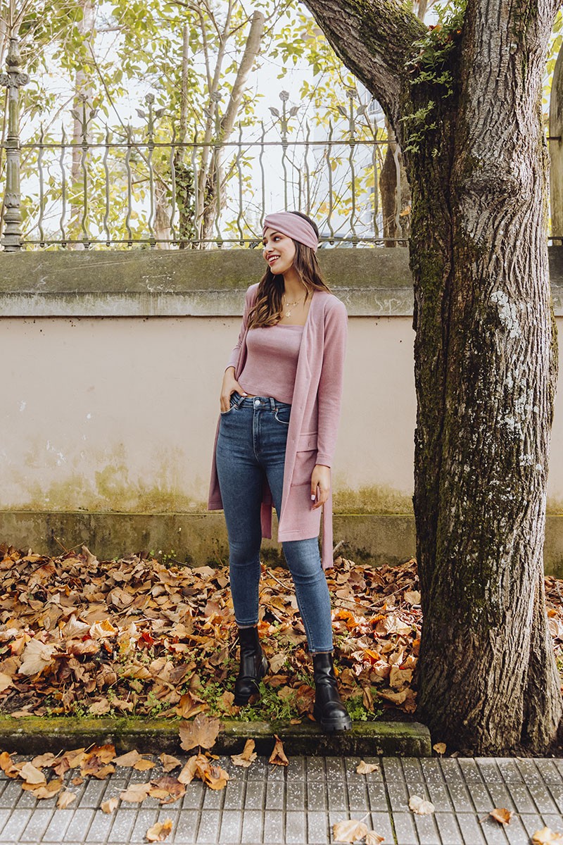 comprar chaqueta larga de punto rosa con top de tirantes y turbante a juego coleccion casual apparentia streetstyle