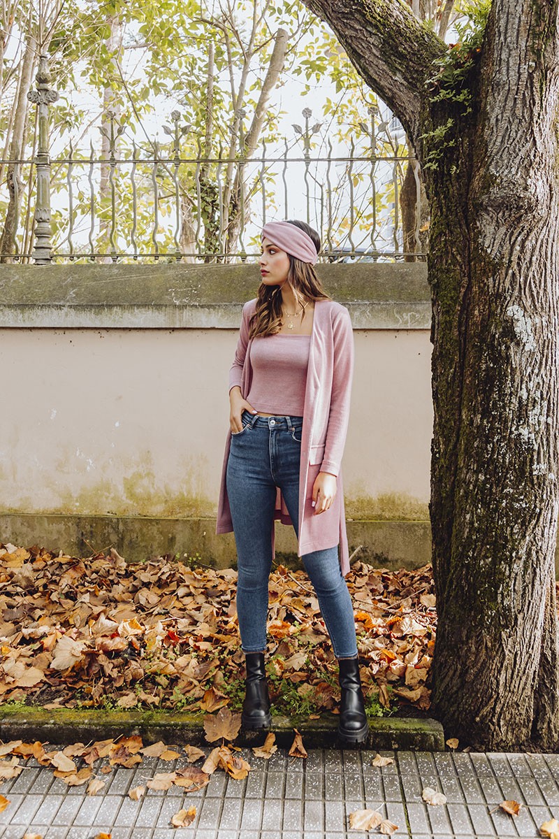 comprar cardigan largo de punto rosa con top de tirantes y turbante a juego coleccion casual apparentia streetstyle