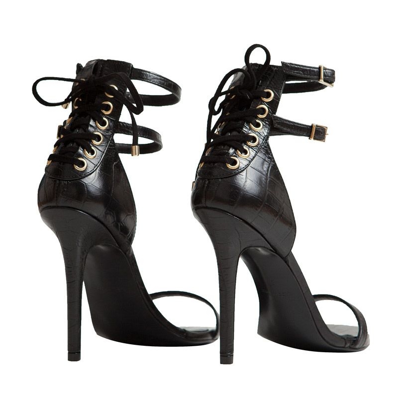 comprar on line sandalias de tacon en color negro de piel grabada coco de mas34