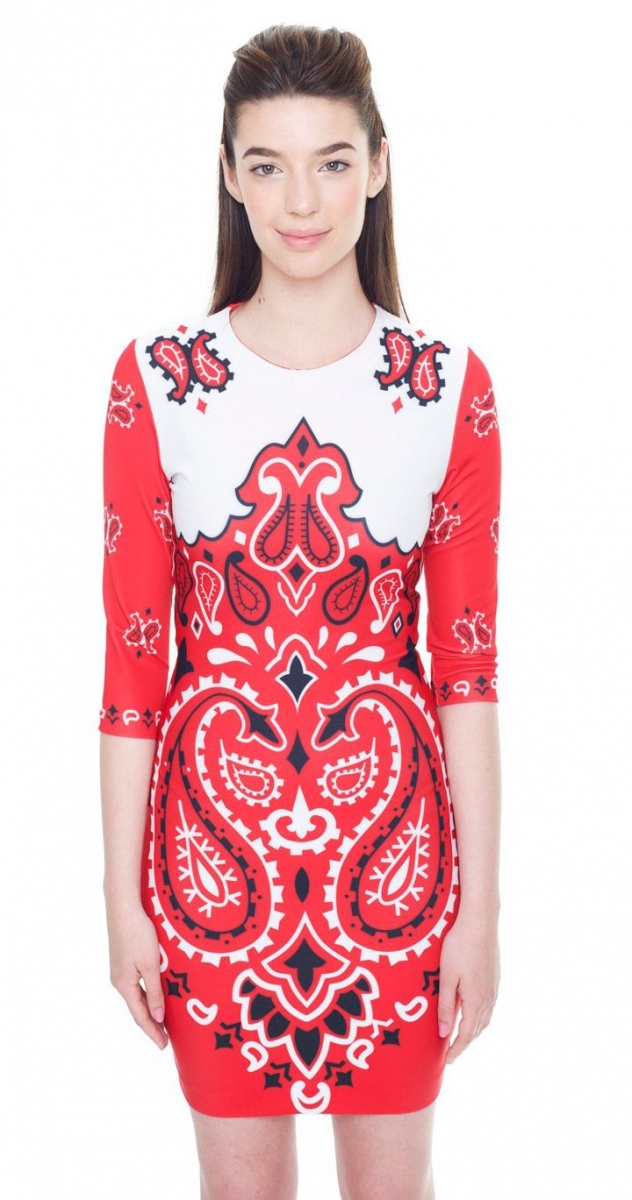 Vestido rojo y blanco de estampado cachemir ajustado al cuerpo