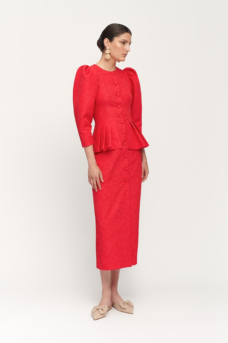 vestido de fiesta midi con mangas abullonadas tejido brocado rojo  para invitadas boda fiesta