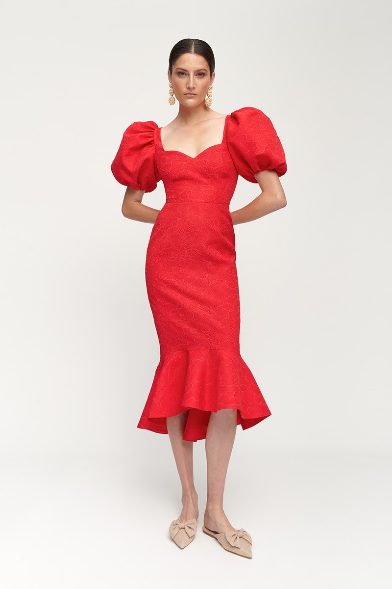 vestido de fiesta con mangas abullonadas tejido brocado rojo para boda fiesta comunion
