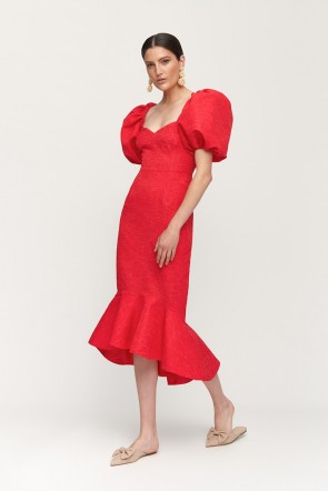 vestido de fiesta midi con mangas abullonadas tejido brocado rojo para boda fiesta comunion