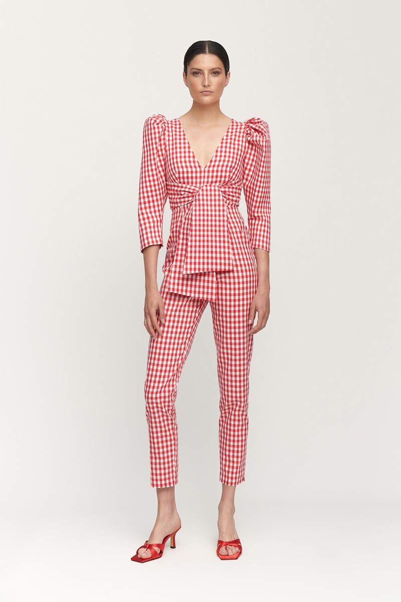 Mono de fiesta cuadro vichy rojo y blanco con manga abullonada