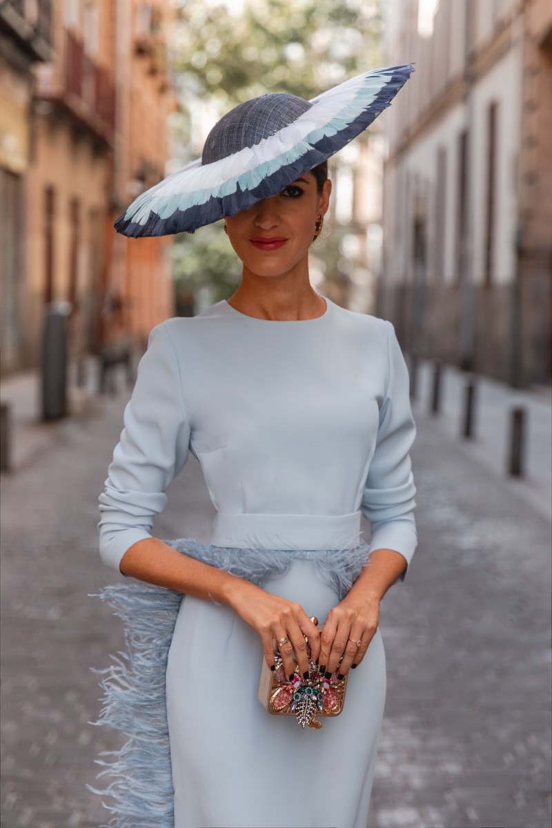 comprar online Vestido de madrina azul de pluma en cintura y falda para invitadas boda, madre de bautizo, comunion