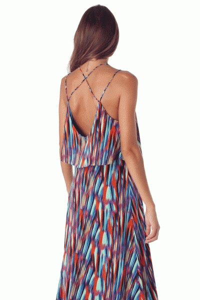 comprar online vestido largo para una fiesta por el verano de estampado multicolor con tirantes finos y diseño de doble capa de Q2