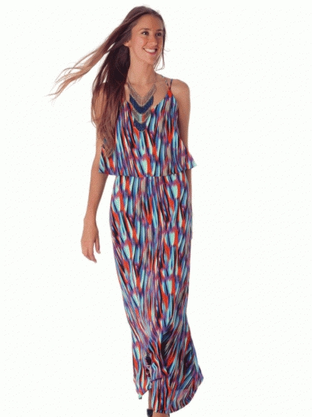 comprar vestido con estampado de muchos colores con tirantes finos cruzados a la espalda y escote en pico para el verano y para fiestas de Q2