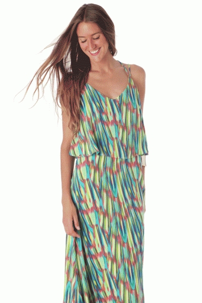 vestido largo con estampado multicolor con volantes para el verano y para fiestas de Q2