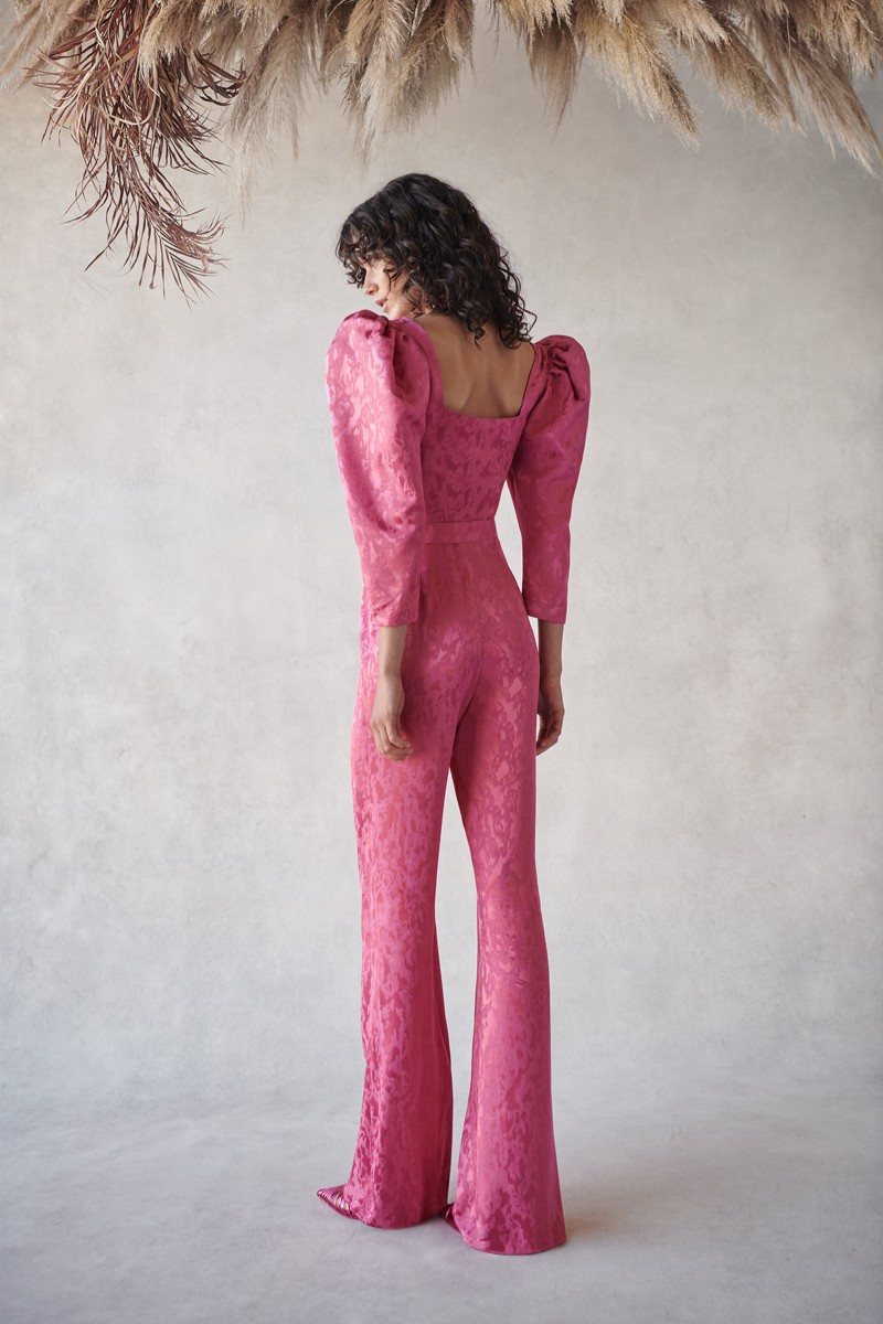 Conjunto de pantalon palazzo y top corto con botones joya en rosa invitadas boda fiesta comunion 