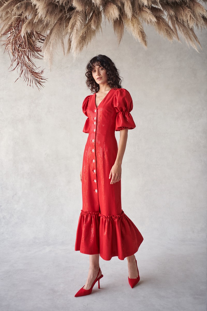  Vestido de fiesta de lentejuela rojo con falda midi con volante con botones joya