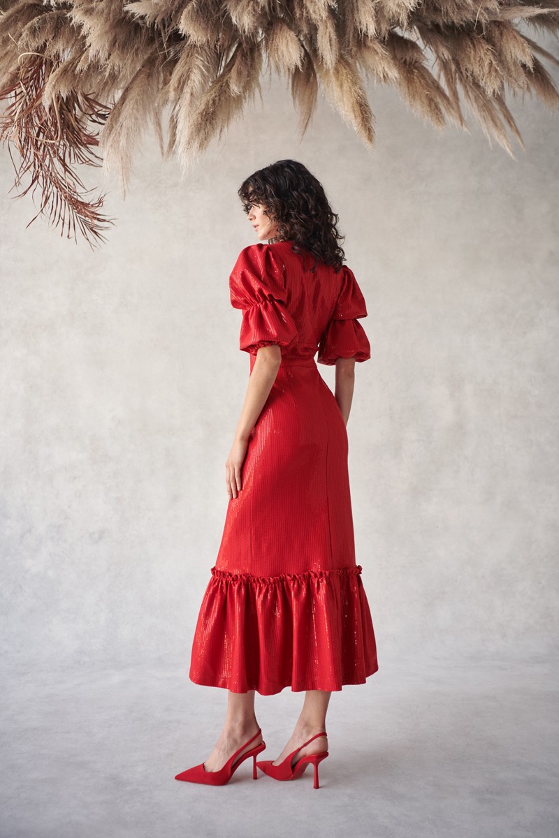 vestido joya de lentejuelas rojo con falda con volante para invitadas boda