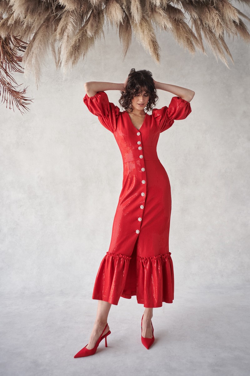  Vestido de fiesta de lentejuela rojo con falda midi con volante comprar online