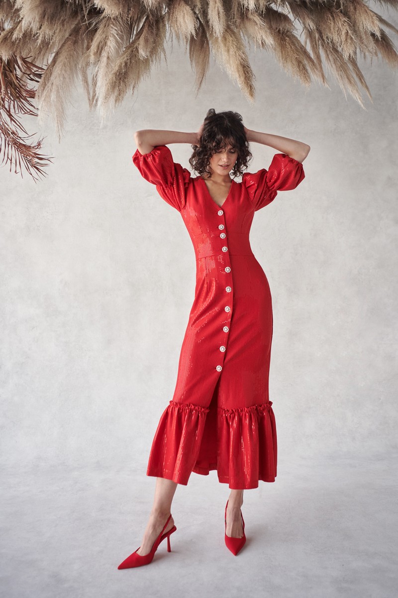 Vestido de fiesta de lentejuela rojo con falda midi con volante comprar online