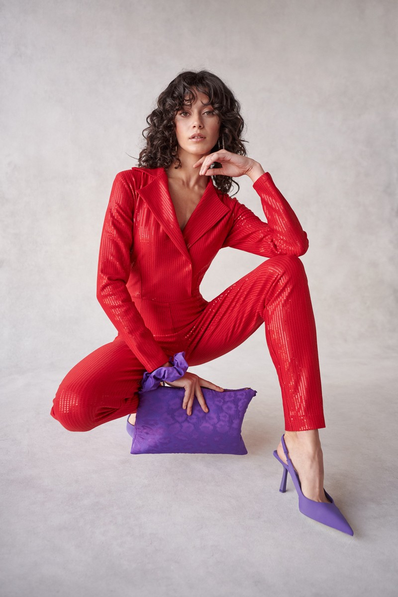 Mono de fiesta Esmoquin de lentejuelas rojo para invitadas otoño