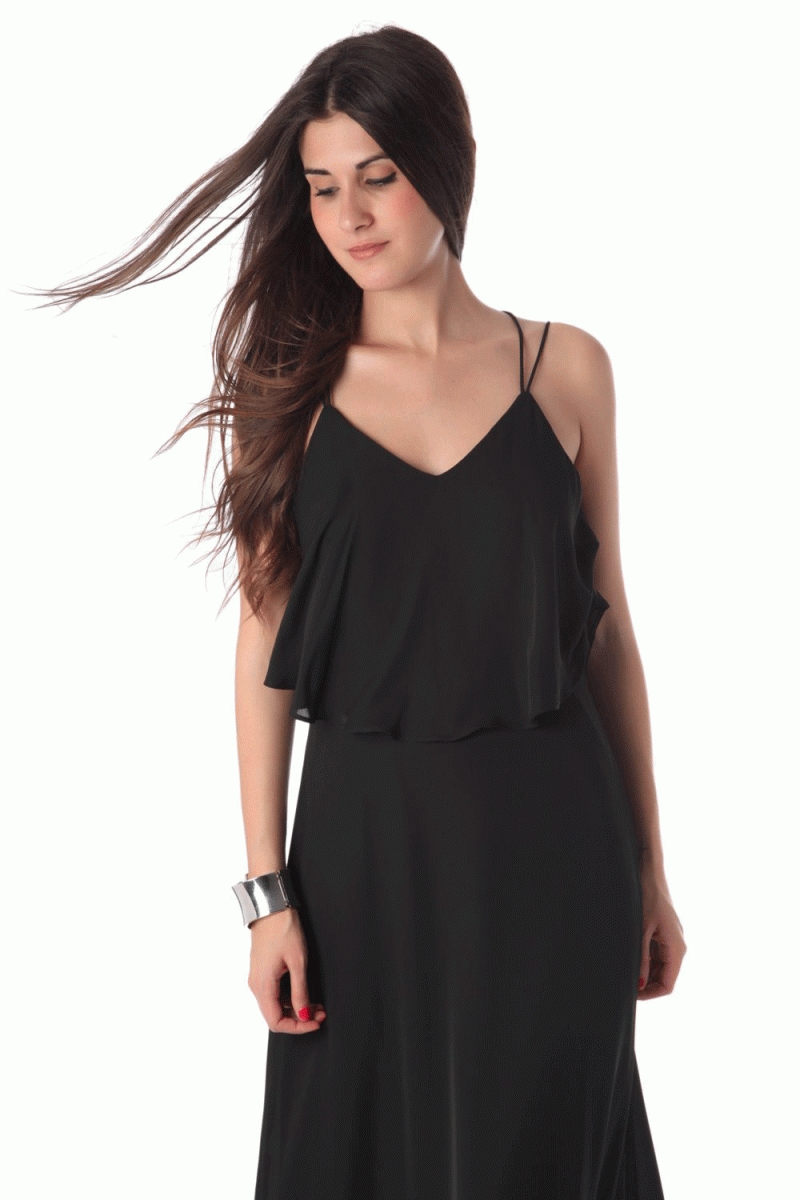vestido de fiesta para el verano color negro y largo con efecto doble capa y de tirantes de Q2