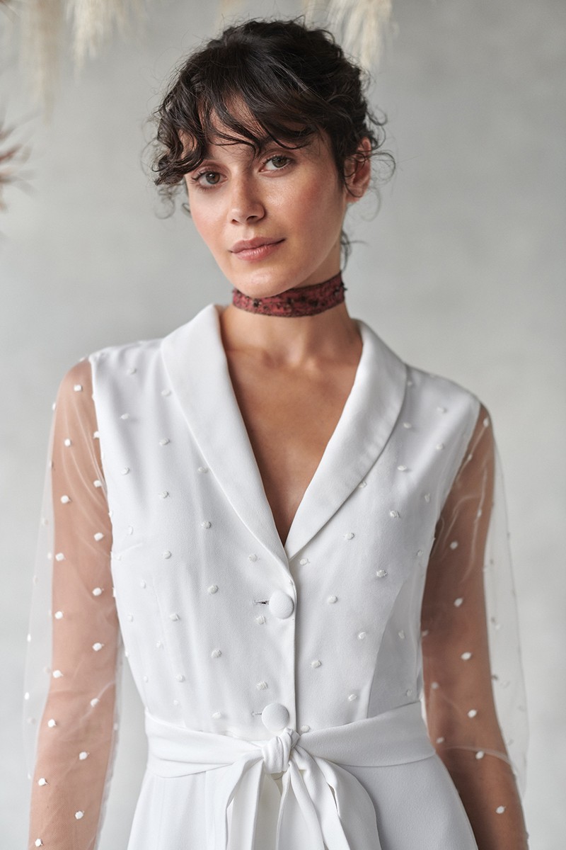 vestido para novia tipo camisero de tul bordado y crep comprar online