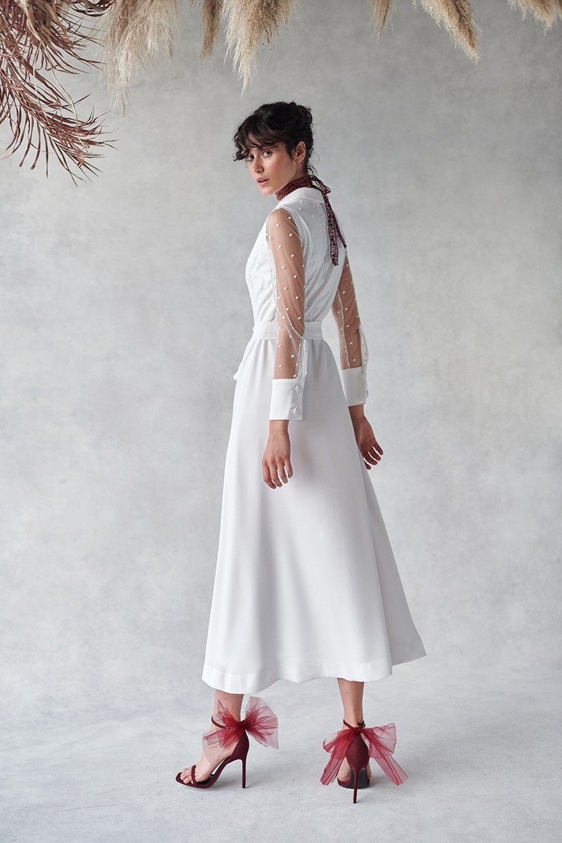 vestido camisero  en tul con plumetti bordado y crep blanco para novia civil comprar online