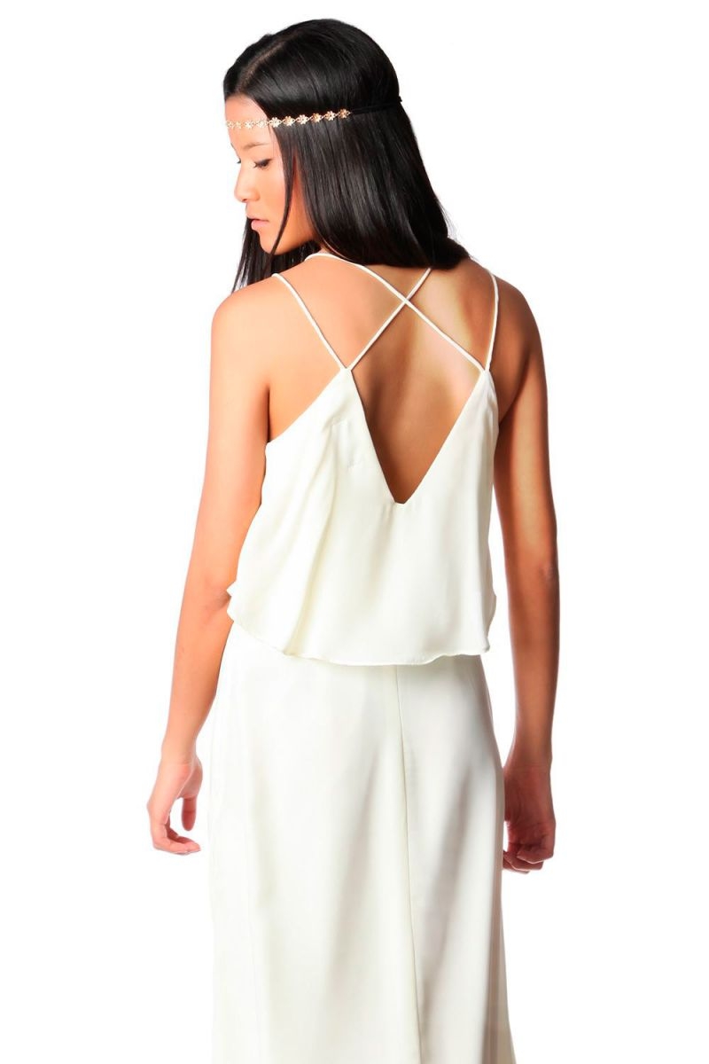 comprar vestido blanco largo con diseño de doble capa y tirantes finos estilo hippie para el verano y fiestas de Q2