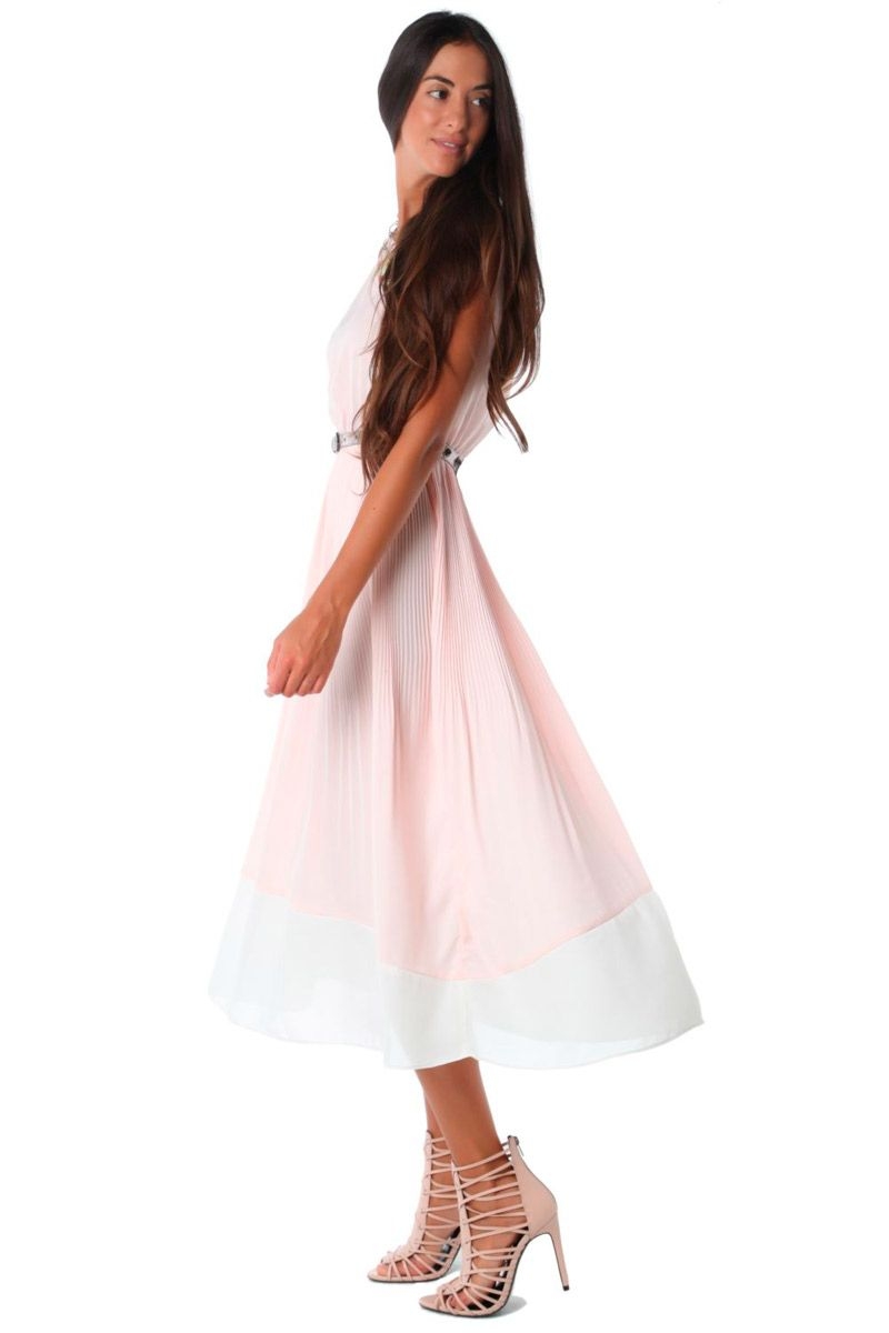 comprar vestido con falda plisada y largo midi color rosa para bodas bautizos eventos fiestas de q2 en apparentia