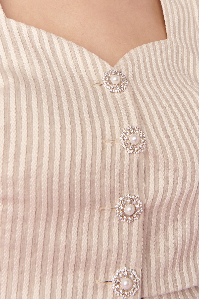  falda y top corto con botones en tejido de lino y rafia beige y blanco roto para invitadas a boda de dia, bautizo, comunion, fiesta