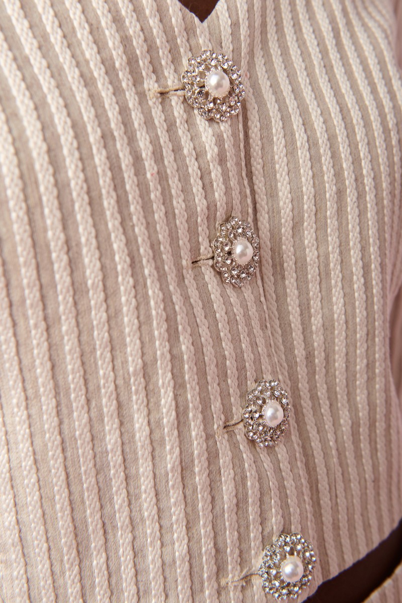  conjunto de pantalon palazzo y top corto con botones joya rayas beige de lino para invitadas a boda, bautizo, comunion, fiesta, graduacion